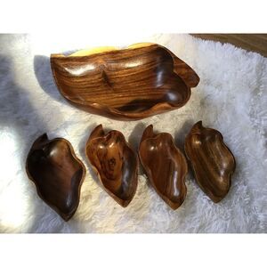 Mid Century Wooden Leaf Salad Bowl Set 5 Pc Vintage Primitive Serving Bowls